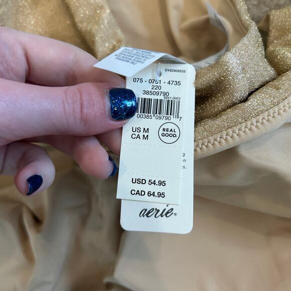 NWT Aerie Sparkle Babewatch One Piece Swimsuit Golden Oak Scoop Back Swim Size M - Picture 7 of 7